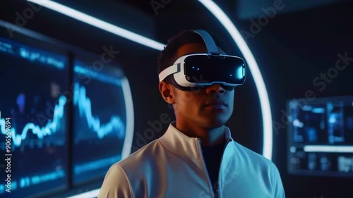 This is a video of a person wearing a virtual reality headset in a futuristic environment with screens showing data and graphs.