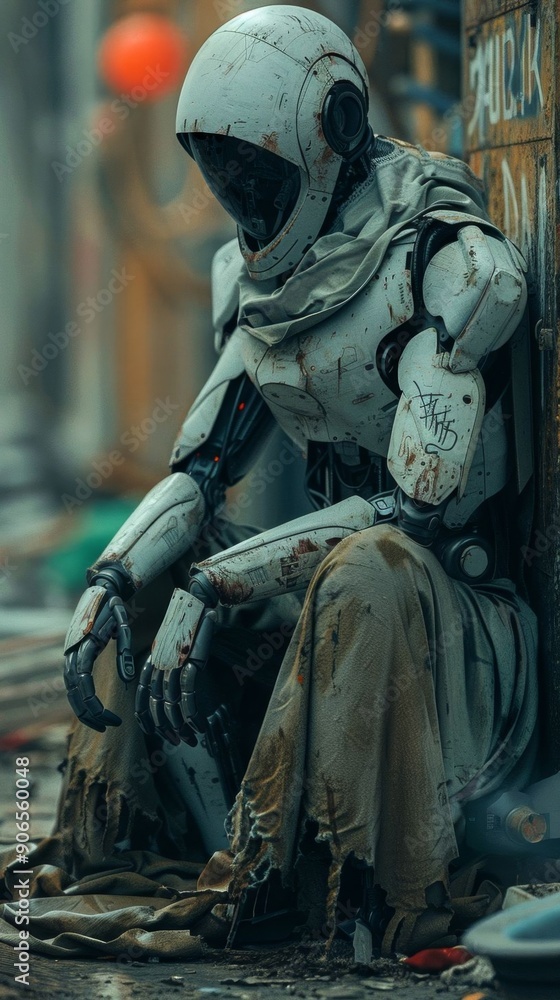 A damaged, homeless robot sits abandoned in a grimy urban alleyway, surrounded by graffiti and urban decay. A damaged, homeless robot sits abandoned in a grimy urban alleyway, surrounded by graffiti and urban decay.