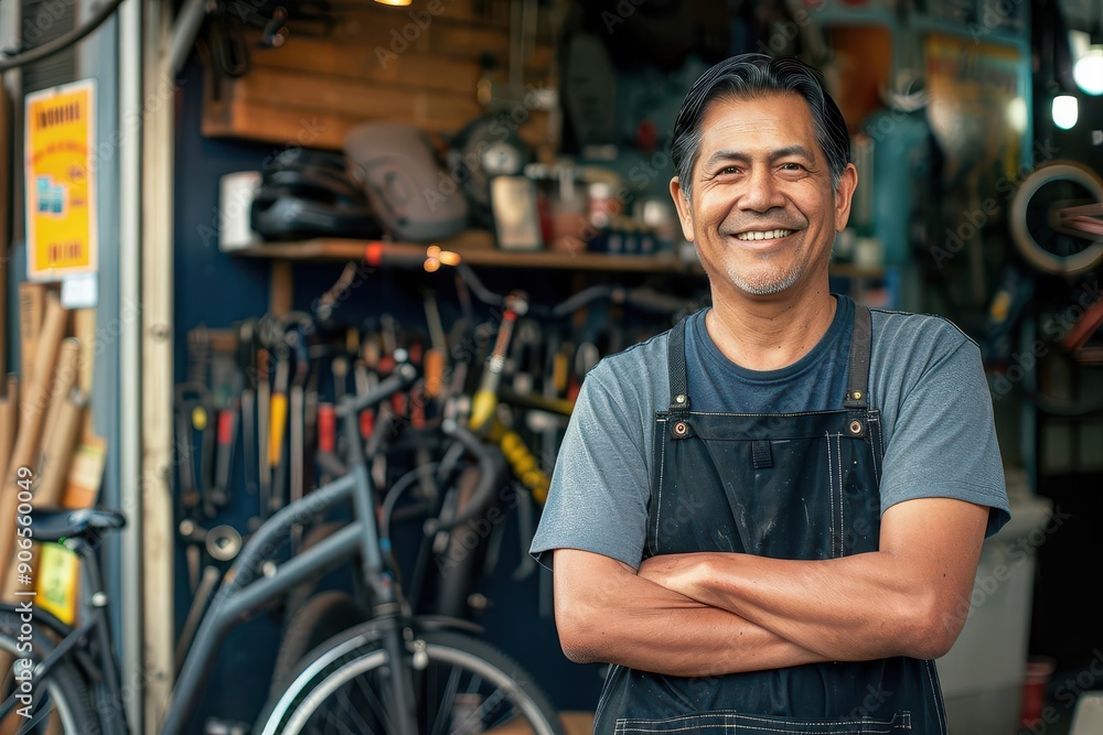 Smiling bicycle mechanic in a workshop with tools and bicycles in the background, showcasing a friendly and professional environment. Smiling bicycle mechanic in a workshop with tools and bicycles in the background, showcasing a friendly and professional environment.