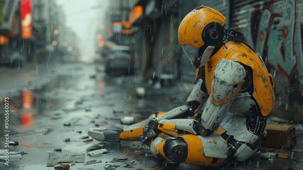 A homeless robot sits alone on a rainy, graffiti-covered urban street, reflecting on its existence. A homeless robot sits alone on a rainy, graffiti-covered urban street, reflecting on its existence.