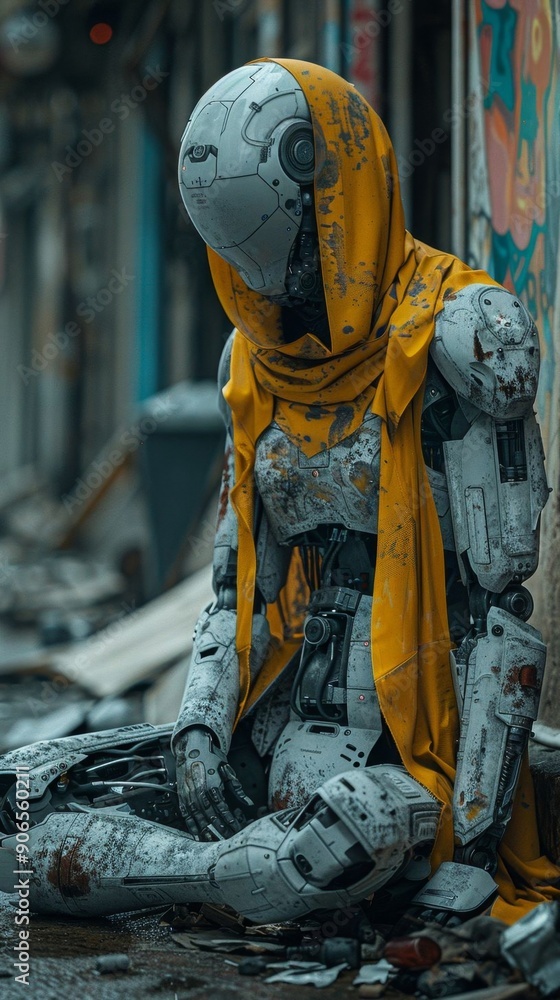 A homeless robot with a yellow scarf sits on an abandoned urban street, depicting a dystopian future. A homeless robot with a yellow scarf sits on an abandoned urban street, depicting a dystopian future.