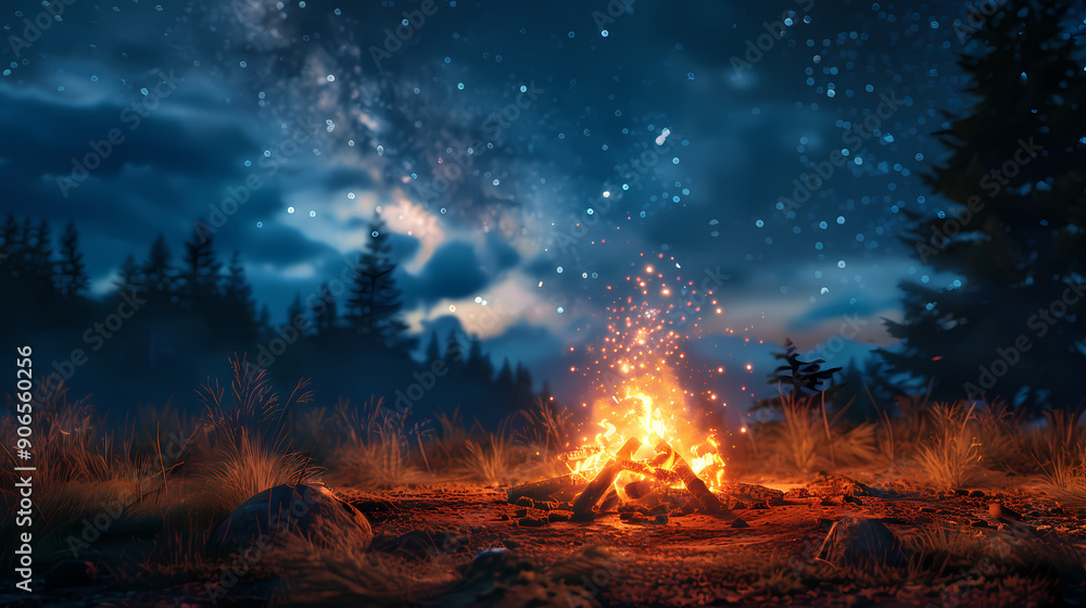 Campfire at night with a sky full of stars in background