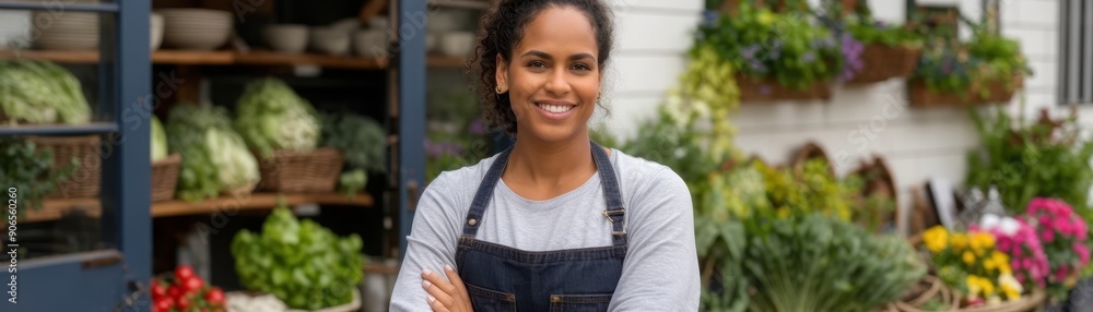 Smiling female gardener standing with crossed arms in front of her plant shop, surrounded by fresh green plants and colorful flowers. Smiling female gardener standing with crossed arms in front of her plant shop, surrounded by fresh green plants and colorful flowers.