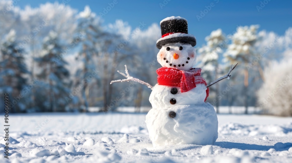 Obraz premium Snowman with a Red Scarf Standing in a Snowy Field on a Sunny Winter Day. Concept of Winter, Christmas, Snow, Frosty Weather, Seasonal Fun