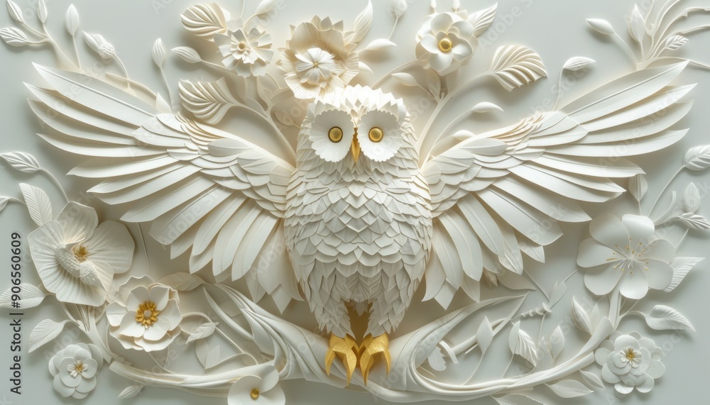 White Paper Owl Sculpture With Floral Details White Paper Owl Sculpture With Floral Details