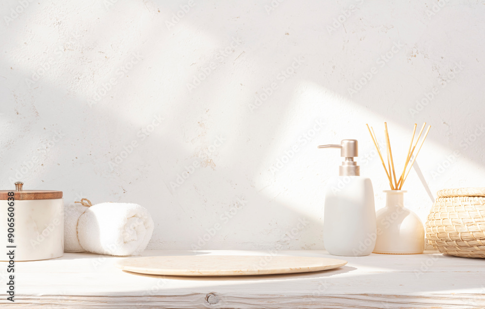 Ταπετσαρία Beige empty stone podium featuring spa products on wooden table against abstract