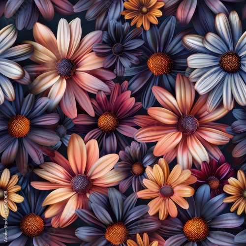 Seamless pattern of colorful flowers with detailed petals. photo