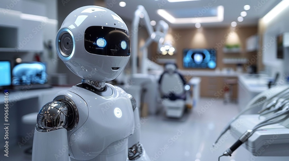 A futuristic robot dentist in a high-tech dental clinic equipped with advanced technology and modern dental equipment. A futuristic robot dentist in a high-tech dental clinic equipped with advanced technology and modern dental equipment.