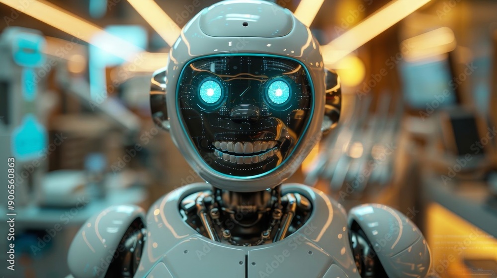 Advanced robotic dentist with blue LED eyes in a modern dental clinic, showcasing innovative dental care technology.