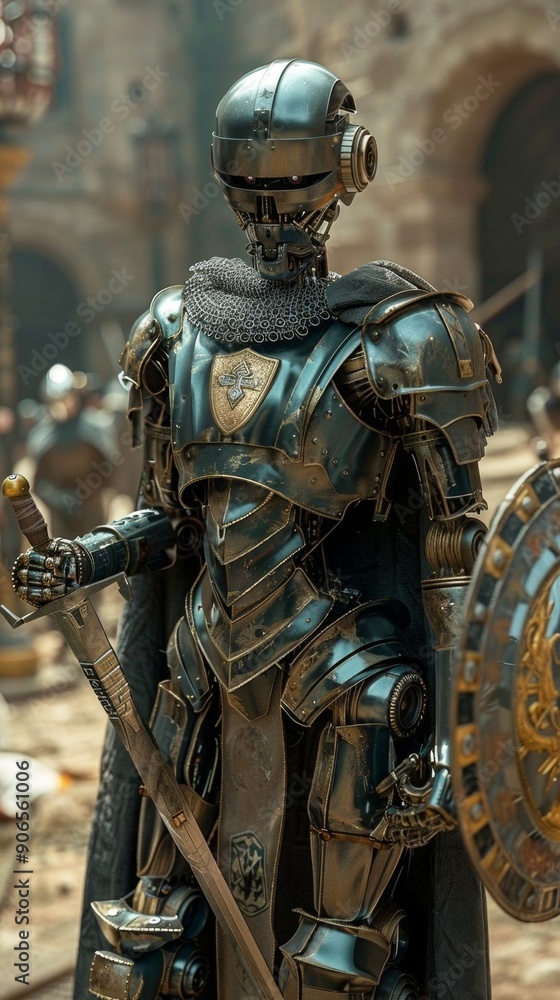 A medieval-themed robot knight stands ready for battle, equipped with armor, sword, and shield in a historical setting. A medieval-themed robot knight stands ready for battle, equipped with armor, sword, and shield in a historical setting.