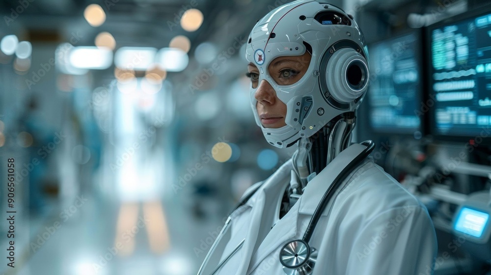 Female cyborg doctor working in a futuristic hospital, wearing medical attire and engaged in patient care. Female cyborg doctor working in a futuristic hospital, wearing medical attire and engaged in patient care.