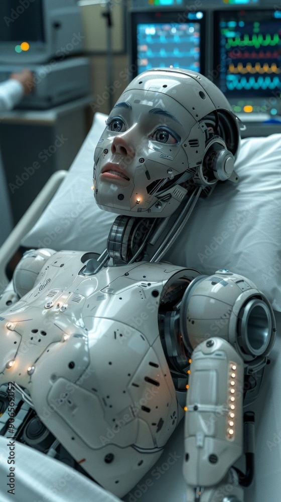 A robot patient lying in a hospital bed connected to medical equipment, monitored in a clinical setting. A robot patient lying in a hospital bed connected to medical equipment, monitored in a clinical setting.