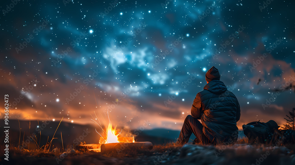 Campfire at night with a sky full of stars in background Campfire at night with a sky full of stars in background