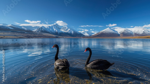 Black swans on a crystal-clear lake, snowy mountains in background photo