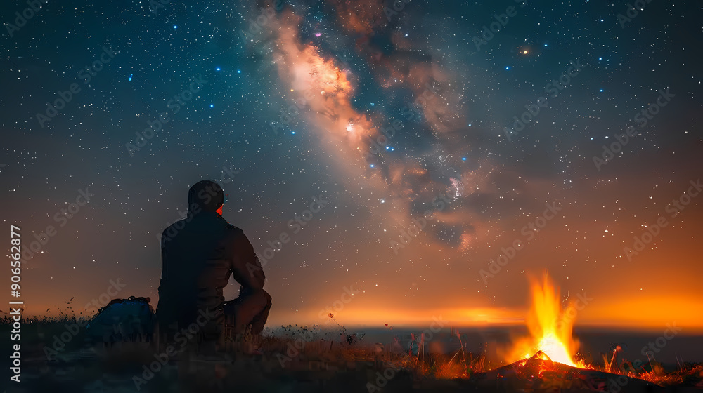 Campfire at night with a sky full of stars in background Campfire at night with a sky full of stars in background