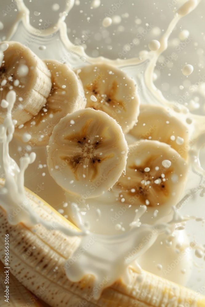 Fresh banana fruit with milk splash closeup macro view Fresh banana fruit with milk splash closeup macro view