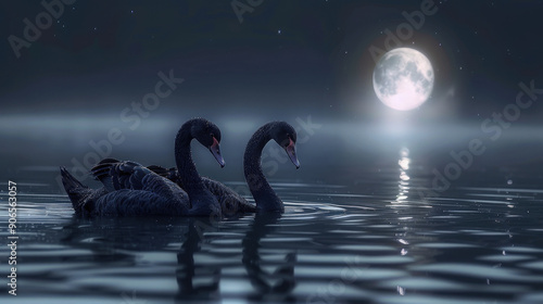 Fototapeta Naklejka Na Ścianę i Meble -  Black swans swimming under a full moon, night sky reflection