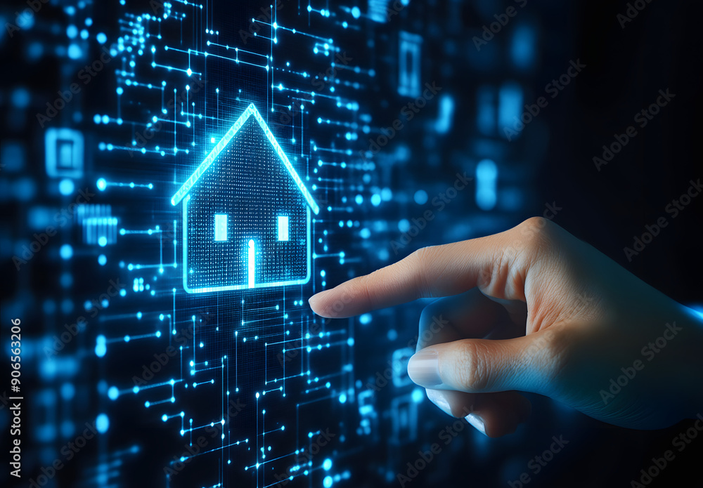Digital Technology Concept: Hand Touching a House Icon on a Virtual Screen, Representing Modern Real Estate Solutions and Advanced Tech Integration Digital Technology Concept: Hand Touching a House Icon on a Virtual Screen, Representing Modern Real Estate Solutions and Advanced Tech Integration