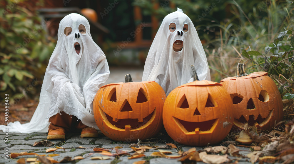 Children in delightful ghost costumes, lively pumpkin carving event, Halloween, playful celebration, cheerful autumn Children in delightful ghost costumes, lively pumpkin carving event, Halloween, playful celebration, cheerful autumn