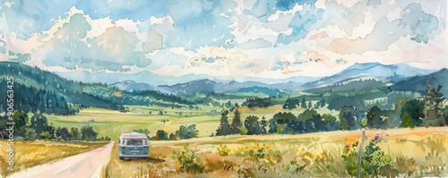 Triadic color vintage watercolor painting of a campervan on a country road, meadows and mountains view