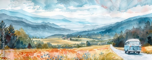Triadic color vintage watercolor painting of a campervan on a country road, meadows and mountains view