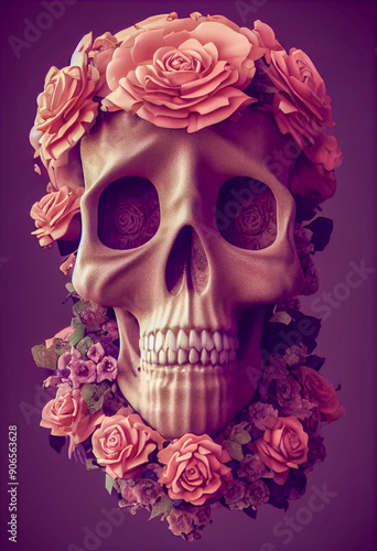 Portrait of a human skull decorated with roses