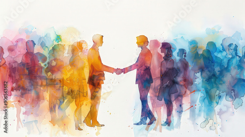 Colorful watercolor image of business professionals shaking hands over documents