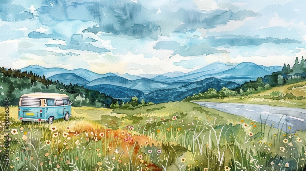 Vintage watercolor of a campervan on a country road, meadows and ...