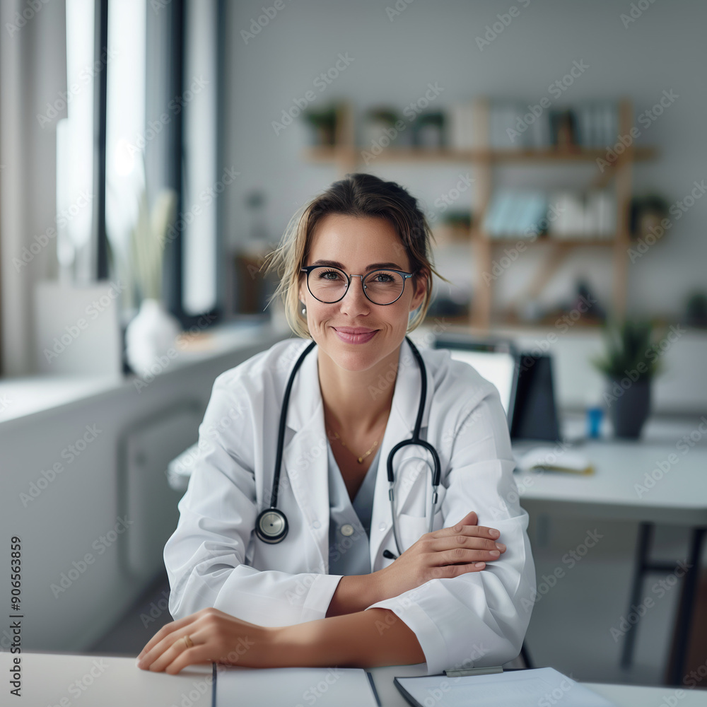 Portrait of confident woman doctor sitting in a medical office, advice and consulting in clinic, therapist, healthcare Portrait of confident woman doctor sitting in a medical office, advice and consulting in clinic, therapist, healthcare