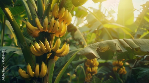 Banana plant with fruit in plantation farm field.