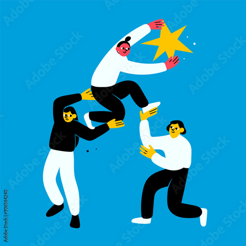 Group of happy people. Friends or coworkers supporting each other. Cartoon characters. Community, success, unity, friendship, teamwork concept. Hand drawn modern Vector illustration