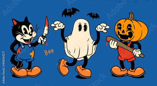 Ghost, Pumpkin head with baseball bat, Cat with knife. Halloween concept. Hand drawn modern Vector illustration. Isolated design elements. Cute creepy, scary, funny characters. Cartoon retro style