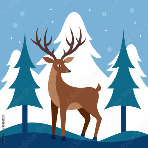 Reindeer in a snowy forest scene vector illustration  © Aynal