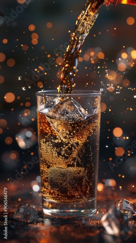 Inviting Close-up of Coke Beverage Pouring into a Glass on a Dark Background, Capturing the Essence of Refreshment
