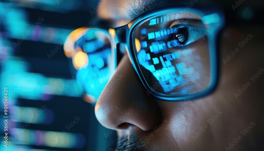 Close Up Of A Person Wearing Glasses Looking At A Computer Screen At Night Close Up Of A Person Wearing Glasses Looking At A Computer Screen At Night