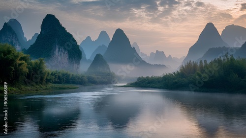 Majestic Landscapes: The Li River Near Yangshuo in Guilin, Guangxi Province, Chin