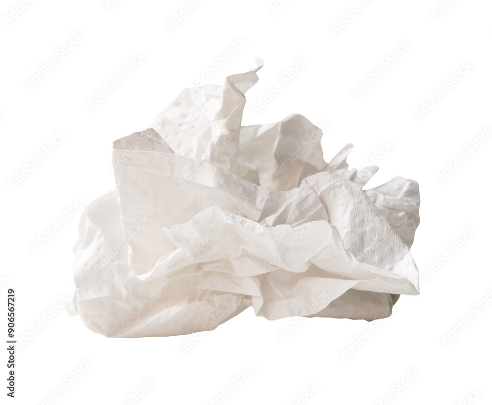 Side view of white crumpled tissue paper ball after use isolated with clipping path in png file format Side view of white crumpled tissue paper ball after use isolated with clipping path in png file format