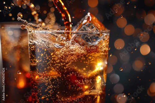 Inviting Close-up of Coke Beverage Pouring into a Glass on a Dark Background, Capturing the Essence of Refreshment