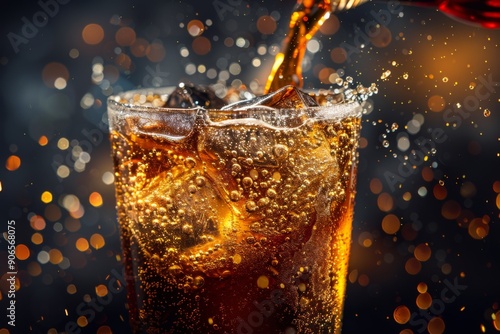 Inviting Close-up of Coke Beverage Pouring into a Glass on a Dark Background, Capturing the Essence of Refreshment