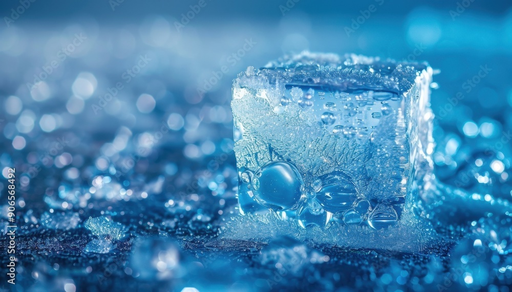 Close Up of a Single Ice Cube on a Blue Surface Close Up of a Single Ice Cube on a Blue Surface