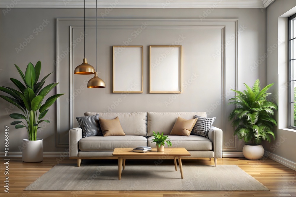 Cozy pastel living room with modern furniture and minimalist decor. Cozy pastel living room with modern furniture and minimalist decor.