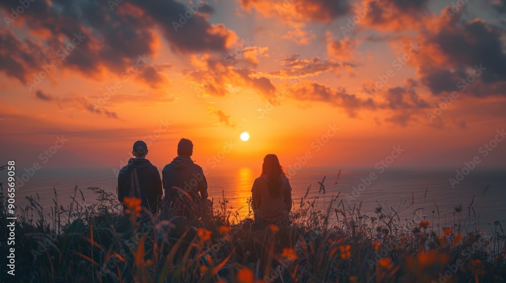 Family resting with tent in nature at sunset. Family resting with tent in nature at sunset.