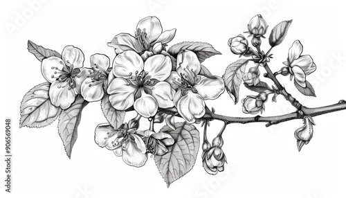 Black And White Pencil Drawing of A Branch of Apple Blossoms