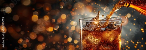 Inviting Close-up of Coke Beverage Pouring into a Glass on a Dark Background, Capturing the Essence of Refreshment
