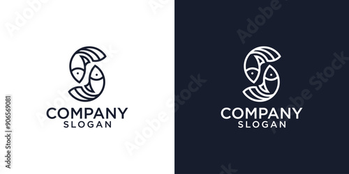 Fish and sea waves in circle shape - concept logo vector illustration. Salmon fish blue icon emblem. Creative graphic sign.
