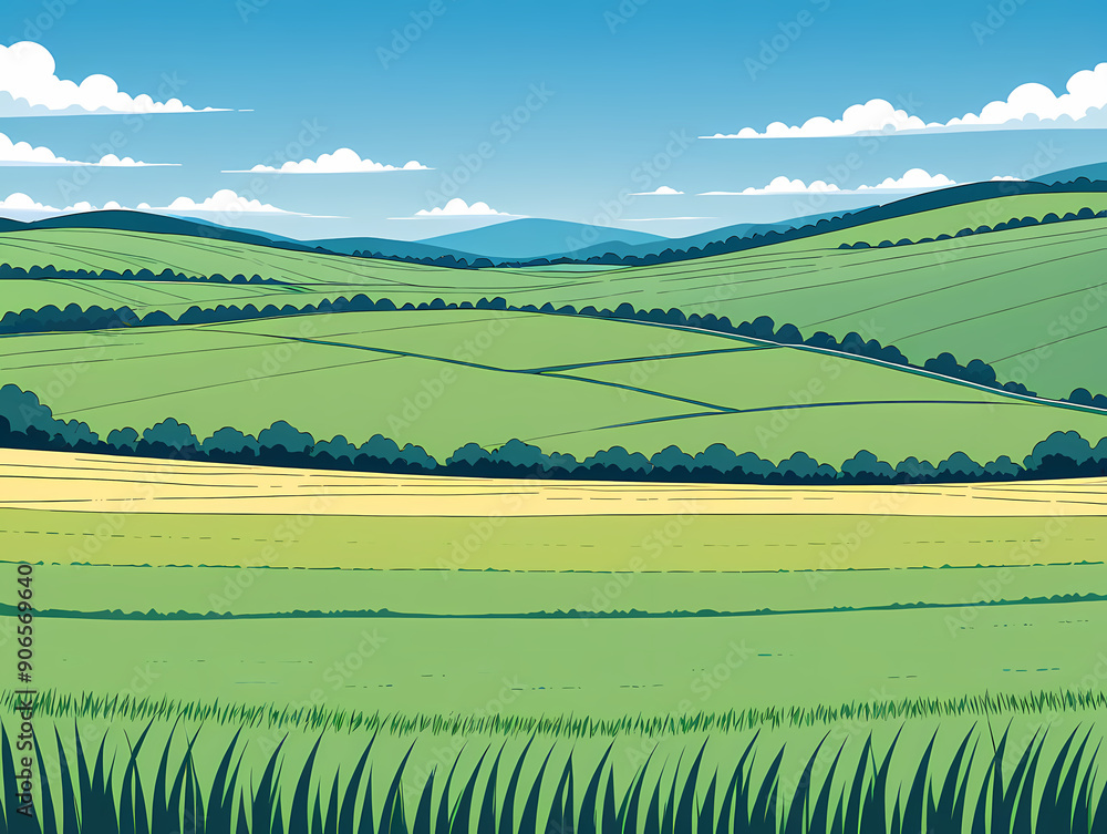 Fototapeta premium Vector Peaceful Countryside with Rolling Fields and a Clear Sky: Anime Clean Style Background Design