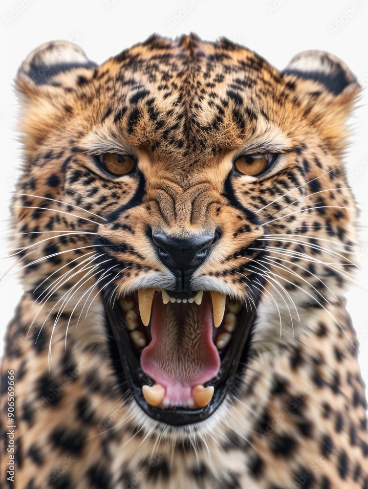 Obraz premium A close-up view of a leopard's face with its mouth open, suitable for use in wildlife or nature-related projects