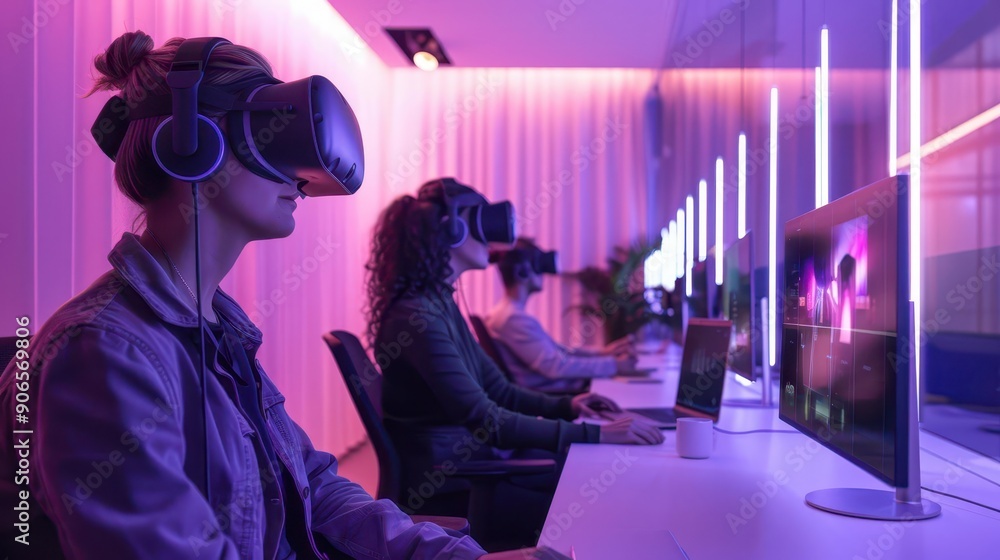 Interactive digital office in VR, remote collaboration, virtual meetings, advanced tone, Triadic Color Scheme, side view, innovative workspace solution, copy space for text,