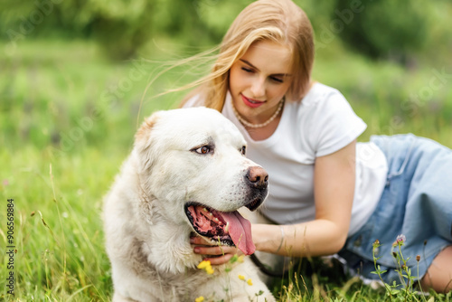 White dog Alabai Central Asian Shepherd Dog on green grass and flowers summerbackground photo