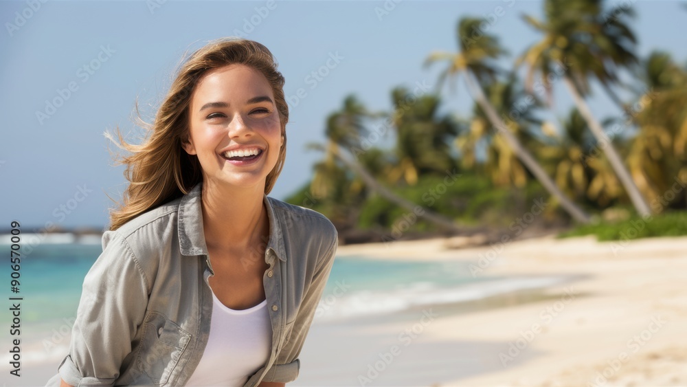A woman smiling on the beach with palm trees in background, AI A woman smiling on the beach with palm trees in background, AI